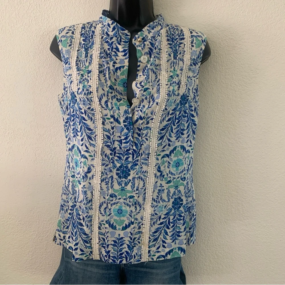 Tory Burch Top Size 2 Silk Floral Print Pompom Trim Button Up Blouse Blue White